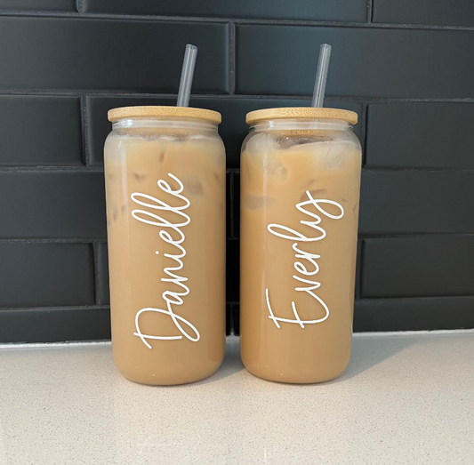 Personalized 20oz clear glass iced coffee cup with bamboo lid and straw