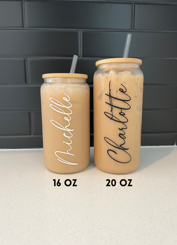 Large 20oz clear glass iced coffee cup personalized with a name, bridesmaid gift