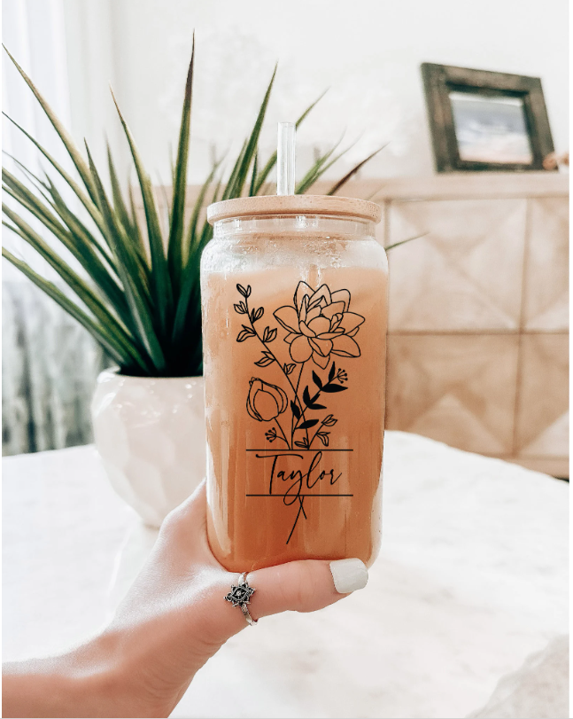 Personalized frosted glass can with birth flower and name