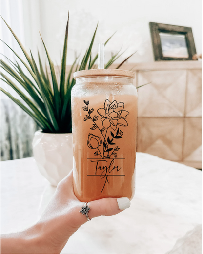 Personalized frosted glass can with birth flower and name