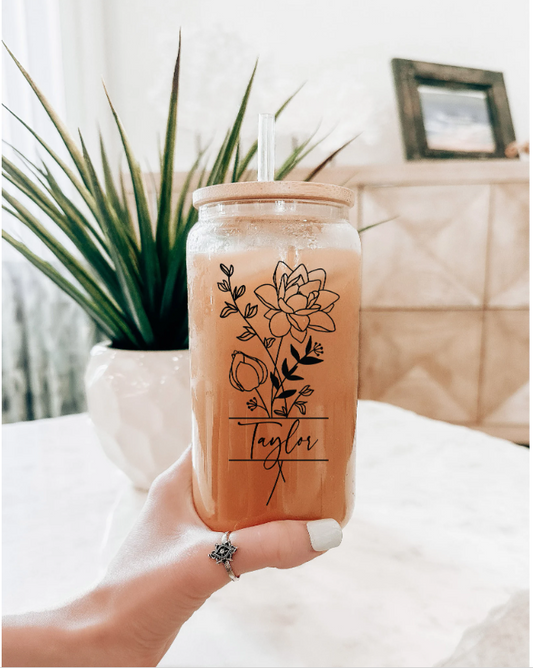 Personalized frosted glass can with birth flower and name
