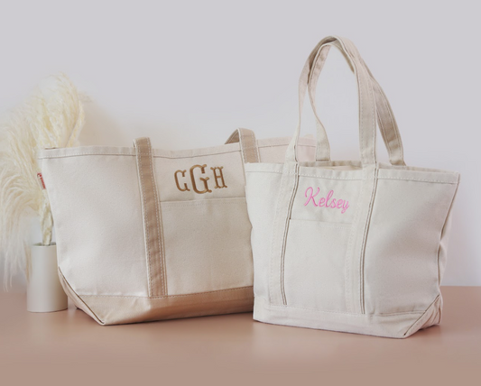 Personalized embroidered canvas boat tote bag with monogram