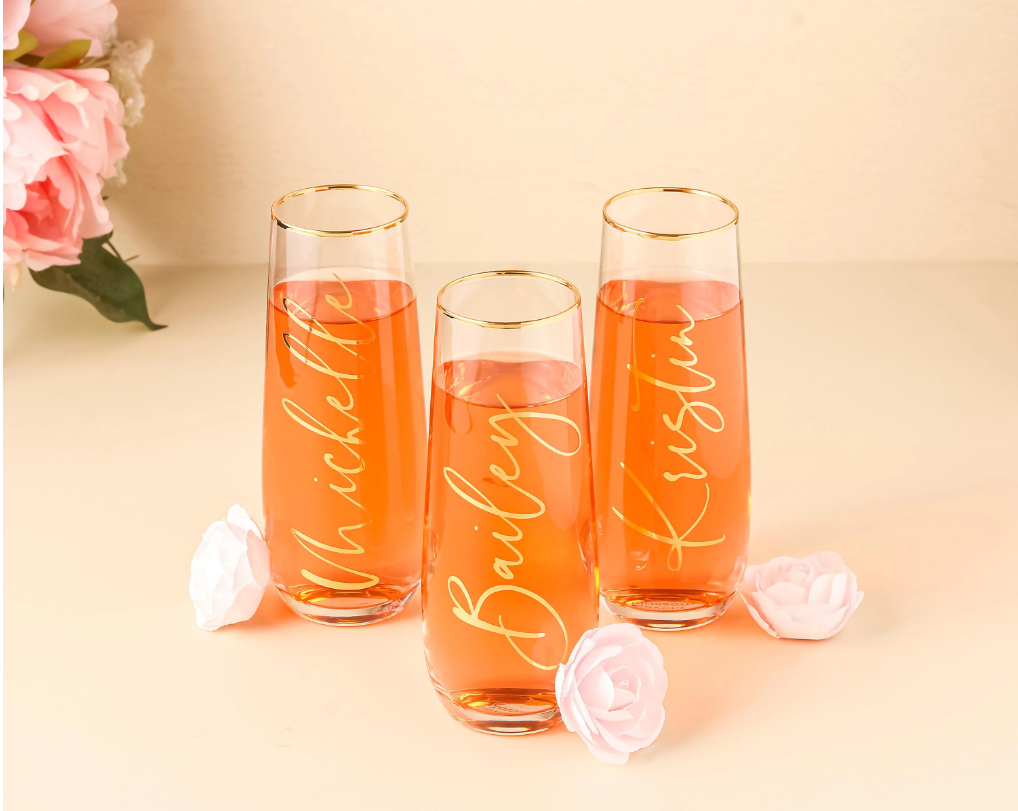 Personalized stemless champagne flutes with names, bridal party gift