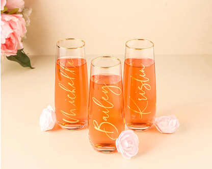 Personalized stemless champagne flutes with names, bridal party gift