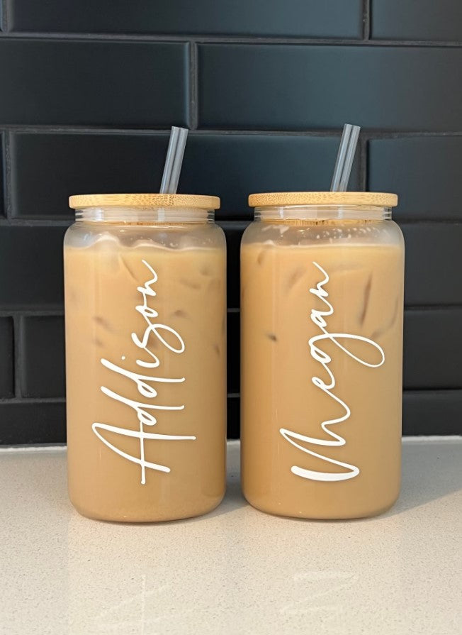 Personalized 16oz clear glass iced coffee cup with bamboo lid and straw