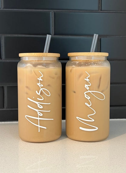 Personalized 16oz clear glass iced coffee cup with bamboo lid and straw