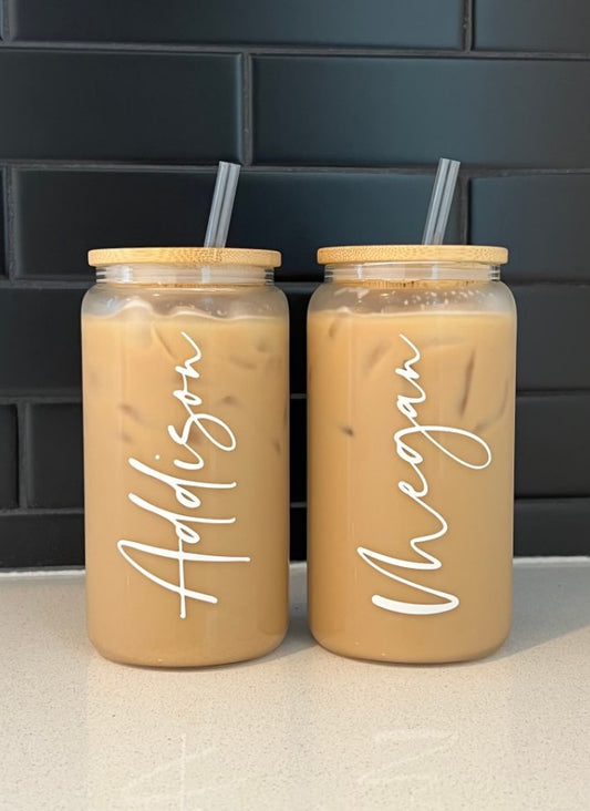 Personalized 16oz clear glass iced coffee cup with bamboo lid and straw