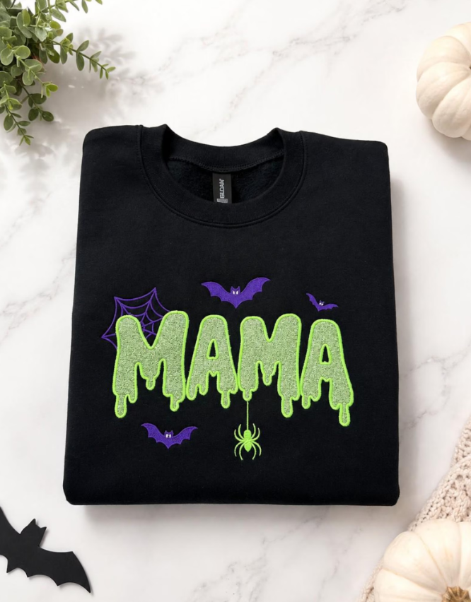 Halloween Mama Glitter Embroidered Sweatshirt, Unisex Crewneck, Women's Halloween Gift, Trick-Or-Treat