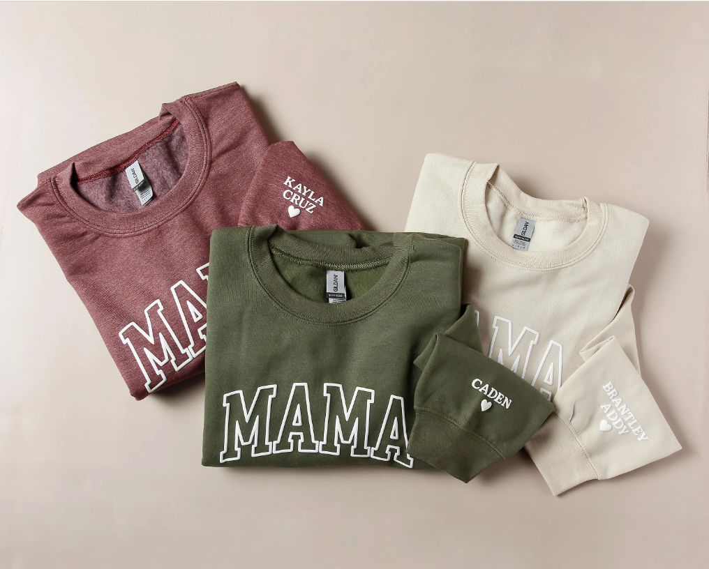 Personalized mama sweatshirt with kids' names embroidered on the sleeve