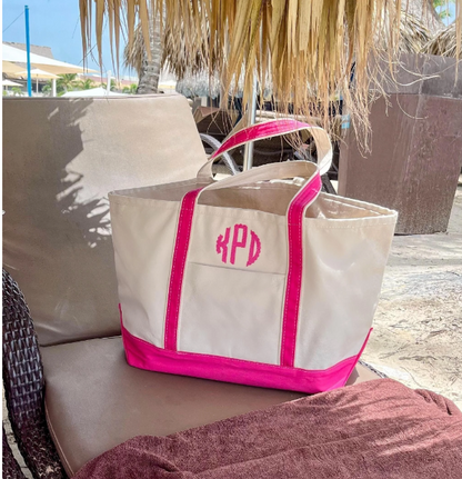 Canvas boat tote with custom 3-letter monogram embroidery