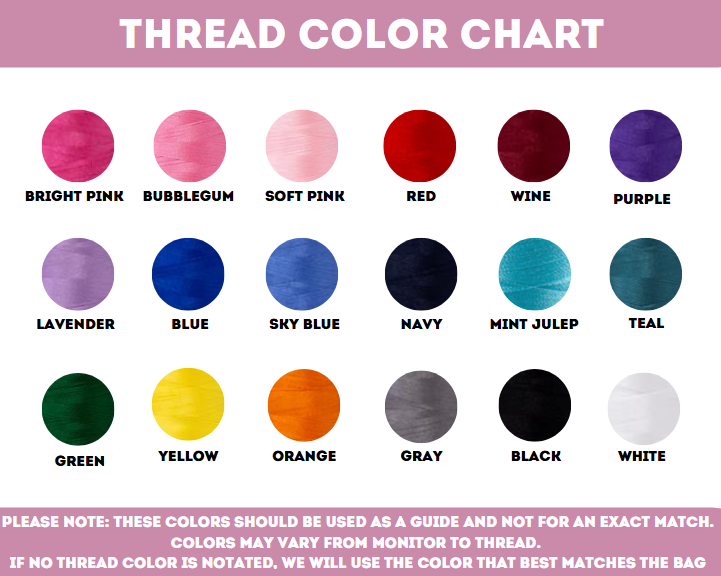 Thread color chart for embroidered packing cube