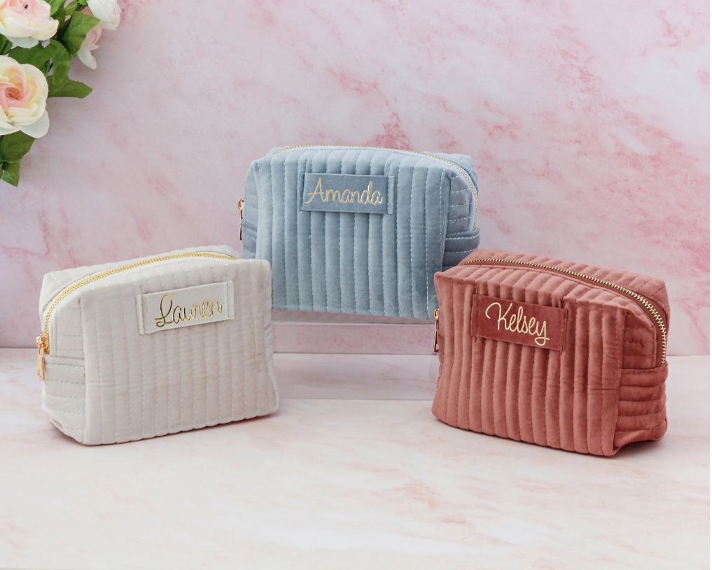 Custom name velvet cosmetic pouch, bridesmaid gift