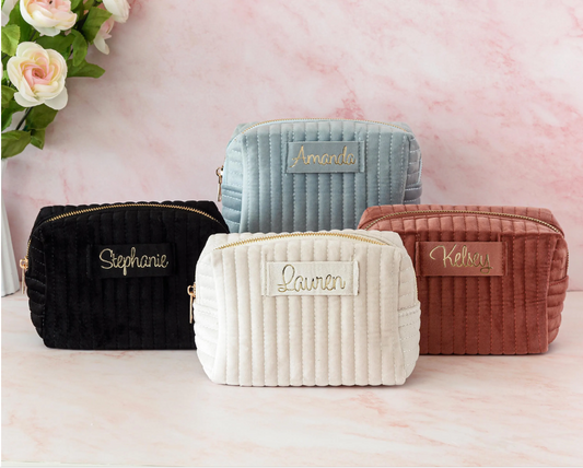 Velvet makeup pouch personalized with a name in gold foil