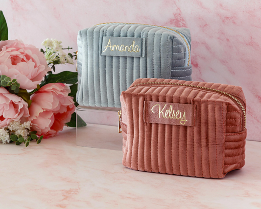 Personalized velvet pouch with gold foil name
