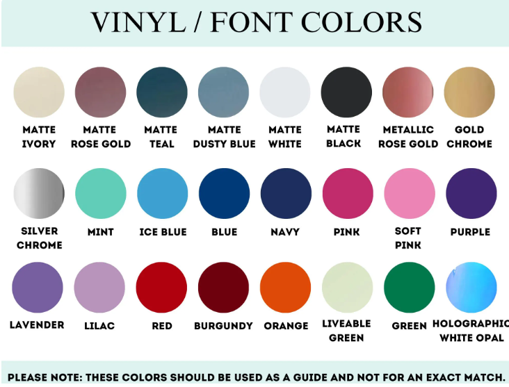 Color swatches for vinyl or font with labels on a light blue background